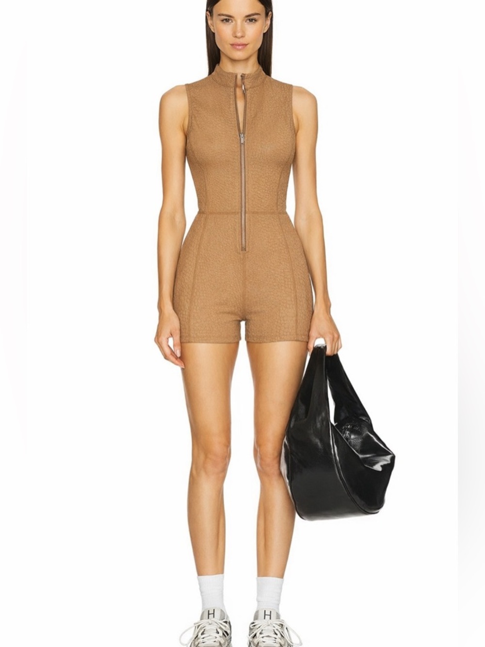 GIGI C Tan Textured Sleeveless Zip-Front Romper